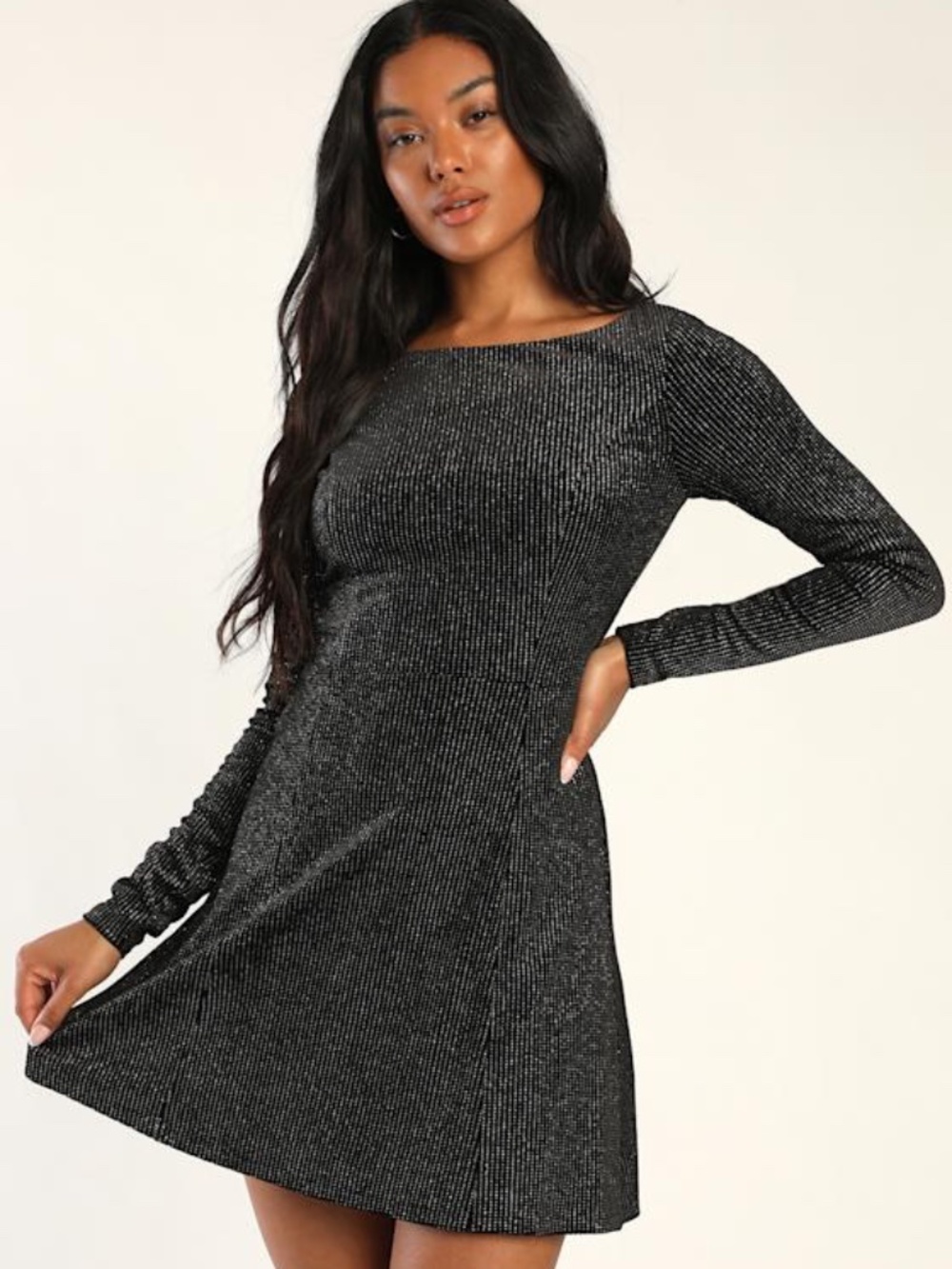 Lulus Chic Sparkles Black And Shiny Silver Long Sleeve Cutout Dress - Size XS
